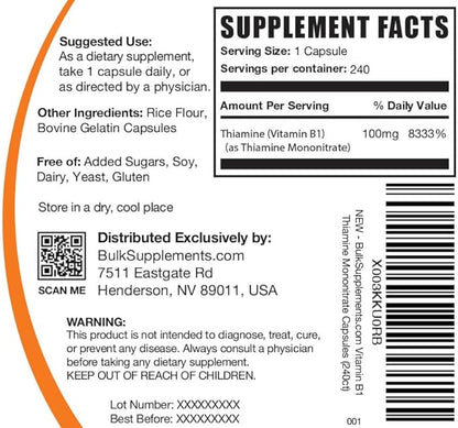 BulkSupplements.com Thiamine Mononitrate Capsules - as Vitamin B1, Thiamine B1 Supplement, Thiamine 100mg - Gluten Free, 1 Capsule per Serving, 240 Capsules (Pack of 1)