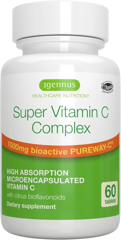 High Absorption Super Vitamin C, Clean Label Pureway-C 1000mg, Vegan Vitamin C with Bioflavonoids, 60 Servings, 24-Hour Action, Immune Health, Energy, Heart & Brain, by Igennus