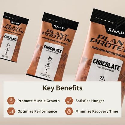 Snap Supplements 100% Plant Based Protein Powder Stick Packs with Nitric Oxide Booster (10 Pack, Chocolate)
