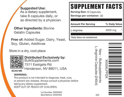 BulkSupplements.com L-Arginine 5000mg Capsules - Arginine Supplement, Nitric Oxide Supplement, L-Arginine Capsules - Gluten Free, 8 Capsules per Serving, 240 Capsules (Pack of 1)