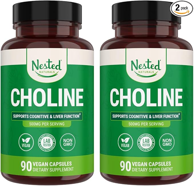 Nested Naturals Choline Bitartrate 500mg - High Potency Choline Supplements - Supports Cognitive Performance & Liver Function - 100% Vegan & Non-GMO Choline - 2-Pack (180 Vegan Capsules)