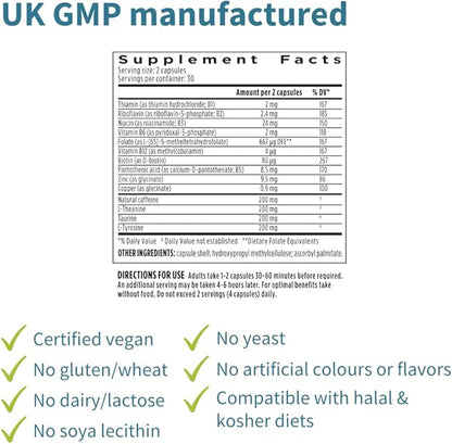 Focus - Methylated Nootropic with 200mg Natural Caffeine, Active B Vitamins, L-Theanine, Taurine, L-Tyrosine, Clean Energy, Brain Booster & Cognitive Performance, Non Jittery, 60 Capsules, by Igennus