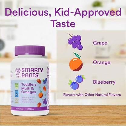 SmartyPants Toddler Multivitamin Gummies: Omega 3 Fish Oil (EPA/DHA), Vitamin D3, C, Vitamin B12, B6, Vitamin A, K & Zinc, Beta Carotene, Gluten Free, Three Fruit Flavors, 70 Count (23 Day Supply)