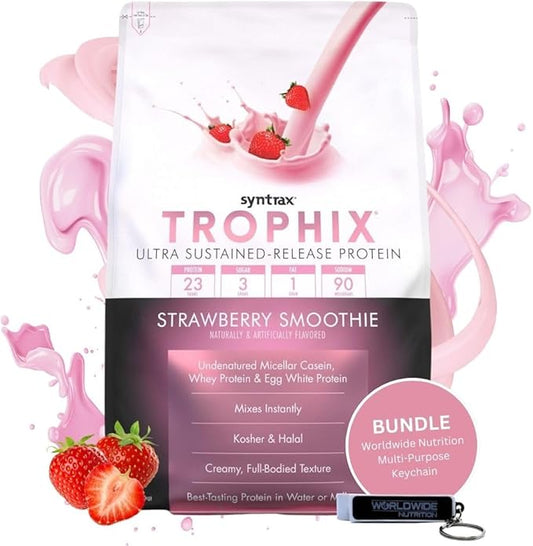 Syntrax Bundle: Trophix Undenatured Casein Protein Strawberry Smoothie - Instant Mix Whey Protein & Egg White Protein Powder - 5 Pounds High Protein Powder and Worldwide Nutrition Keychain
