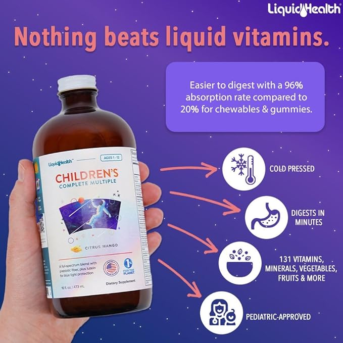 LIQUIDHEALTH Children's Complete Liquid Multivitamin for Kids, Toddlers - Essential Vitamins, Nutrients & Minerals, Immune Support, Gut Health - Great Taste, Vegan, Non GMO, Sugar-Free (2-Pack)