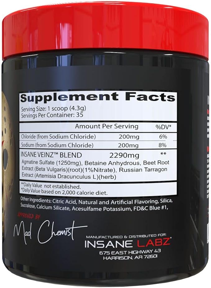 Insane Labz Insane Veinz Non Stimulant NO Enhancing Powder, Nitric Oxide Booster, Loaded with Agmatine Sulfate and Betaine Anhydrous, Increase Vascularity, 35 Srvgs, Grape