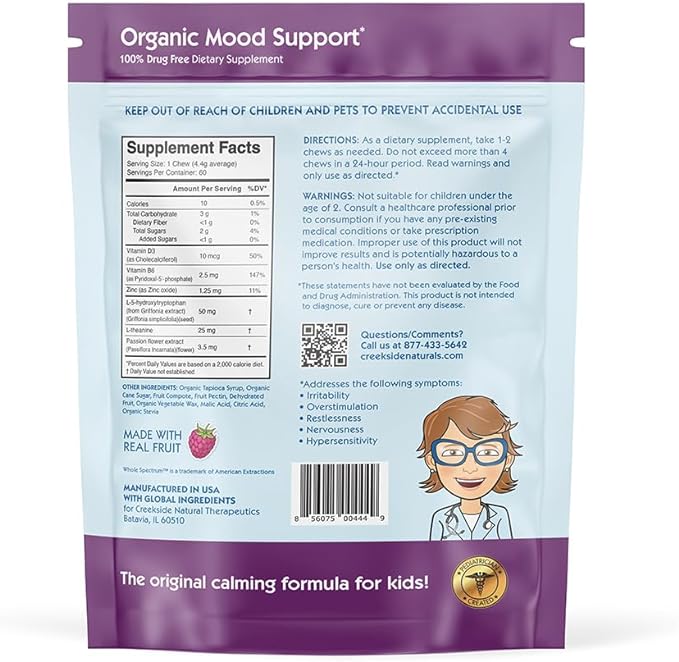 Zen Comfort for Kids, Organic Mood Support with 5-HTP, L-Theanine, Passionflower, Pediatrician Formulated, Vegan Gummies, Raspberry Flavor, 60 Real Fruit Chews