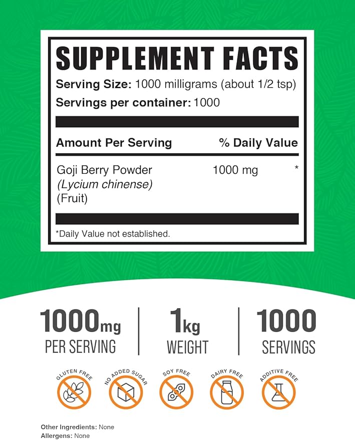 BulkSupplements.com Goji Berry Powder - Goji Berry Supplement, Wolfberry Powder - For Immune Support, Vegan & Gluten Free, 1000mg per Serving, 1kg (2.2 lbs) (Pack of 1)
