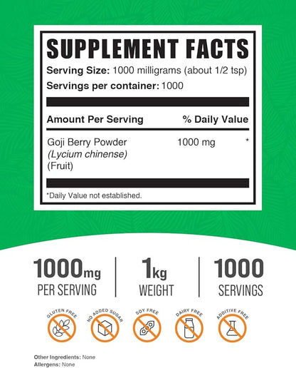 BulkSupplements.com Goji Berry Powder - Goji Berry Supplement, Wolfberry Powder - For Immune Support, Vegan & Gluten Free, 1000mg per Serving, 1kg (2.2 lbs) (Pack of 1)
