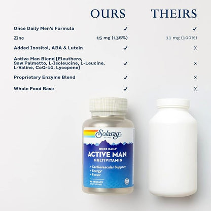 Solaray Once Daily Active Man Multivitamin & Mineral, Multivitamin for Cardiovascular, Support, Energy & Focus, Digestive Enzyme Blend, Amino Acids and Whole Food Base, 90 Servings, 90 VegCaps