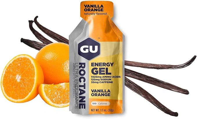 GU Energy Roctane Ultra Endurance Energy Gel, Vegan, Gluten-Free, Kosher, and Dairy-Free On-The-Go Sports Nutrition for Running, Biking, Hiking or Skiing, Vanilla Orange (24 Packets)