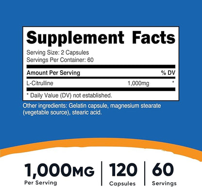Nutricost L-Citrulline 500mg, 120 Capsules - Gluten Free, Non-GMO, 1000mg Per Serving (60 Serv)