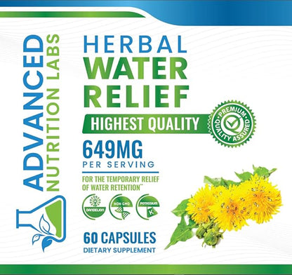 Herbal Water Relief Diuretic Water Pills for Water Retention, Bloating, Water Weight, Swollen Legs, Feet - Dandelion Extract Supplement - Water Retention Loss - Diuretics for Women & Men - 60 Capsules