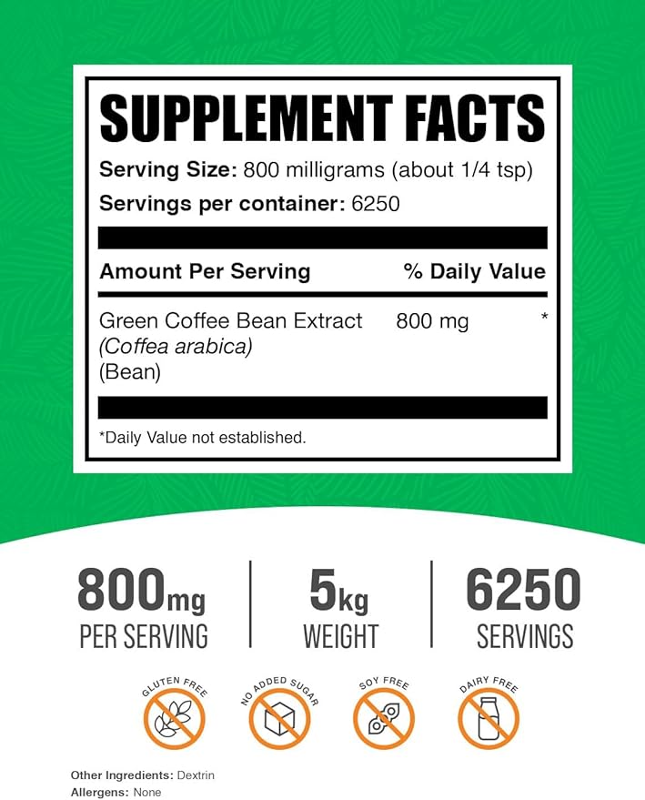 BulkSupplements.com Green Coffee Bean Extract Powder - Green Coffee Bean Supplements, Green Coffee Bean Powder - Energy Support, Gluten Free, 800mg per Serving, 5kg (11 lbs) (Pack of 5)