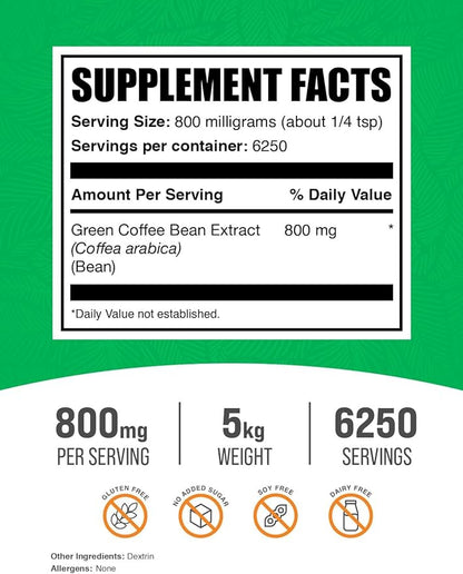 BulkSupplements.com Green Coffee Bean Extract Powder - Green Coffee Bean Supplements, Green Coffee Bean Powder - Energy Support, Gluten Free, 800mg per Serving, 5kg (11 lbs) (Pack of 5)