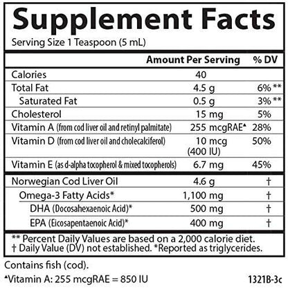 Carlson - Cod Liver Oil, 1100 mg Omega-3s, Plus Vitamins A and D3, Wild Caught Norwegian Arctic Cod Liver Oil, Sustainably Sourced Nordic Fish Oil Liquid, Unflavored, 250 mL (8.4 Fl Oz)