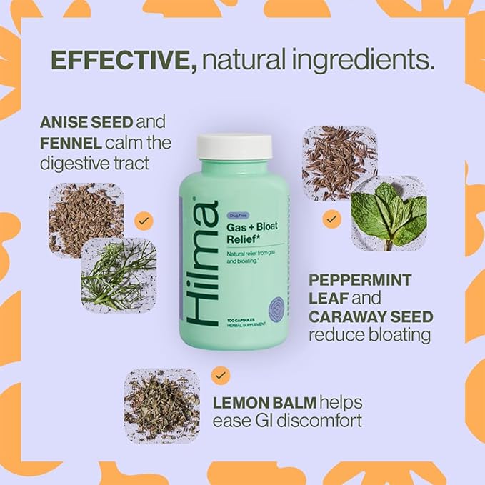 Hilma Natural Gas & Bloating Relief - with Lemon Balm, Fennel & Peppermint Leaf - Doctor Formulated with Organic Ingredients - 100 Vegan Capsules