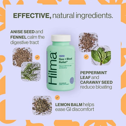 Hilma Natural Gas & Bloating Relief - with Lemon Balm, Fennel & Peppermint Leaf - Doctor Formulated with Organic Ingredients - 100 Vegan Capsules