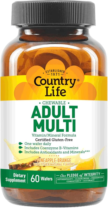 Country Life Adult Chewable Multivitamin with Coenzyme B-Vitamins, Antioxidants, Minerals, Pineapple-Orange Flavor - Supports Energy Metabolism and Immune Health, Gluten Free - 60 Wafers
