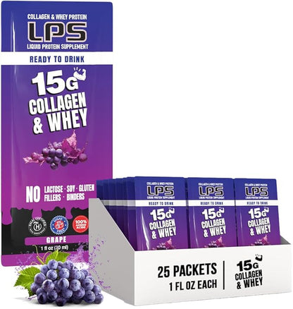 Nutritional Designs LPS Liquid Collagen & Whey Protein Supplement - Non-GMO Drink, Sugar-Free - Promotes Healthy Skin & Hair for Men & Women, Grape, Single Serve (25 Packets)