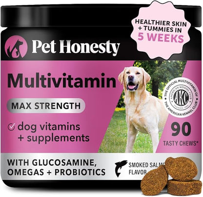 Pet Honesty Dog Multivitamin Max Strength - 15 in 1 Dog Vitamins for Health & Heart - Dog Essentials Fish Oil, Glucosamine, Probiotics, Omega Fish Oil - Dog Vitamins and Supplements for Skin and Coat
