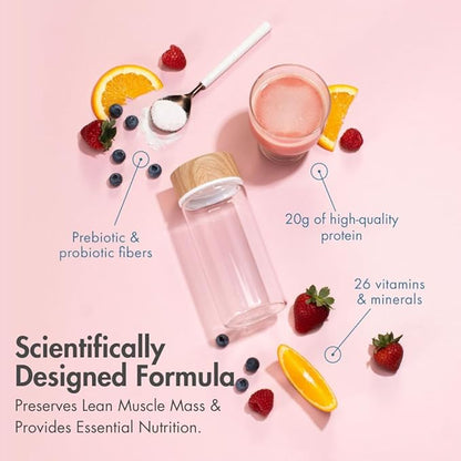 Nutritional Beverage for GLP-1 Users, Dietary Powder Drink Provides 20g Essential Protein, 26 Vitamins/Minerals, Helps Ease Nausea, Bloating, Constipation, Strawberries & Cream (14 Count)