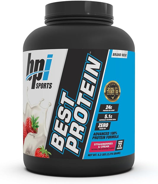 BPI Sports Best Protein – 100% Whey Protein Blend – Muscle Growth, Recovery, Meal Replacement – No Maltodextrin, No Fillers – Gluten Free – For Men & Women – Strawberries and Cream – 5.2 Pounds