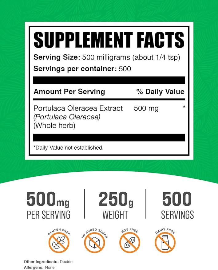 BulkSupplements.com Purslane Extract Powder - Portulaca Oleracea Extract, Purslane Supplements - from Purslane Herb, Gluten Free, 500mg per Serving, 250g (8.8 oz) (Pack of 1)