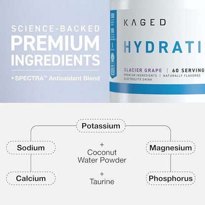 Kaged Electrolyte Hydration Powder | Hydracharge Glacier Grape | Sports Drink for Men and Women | Pre, Post, Intra Workout Supplement | 60 Servings