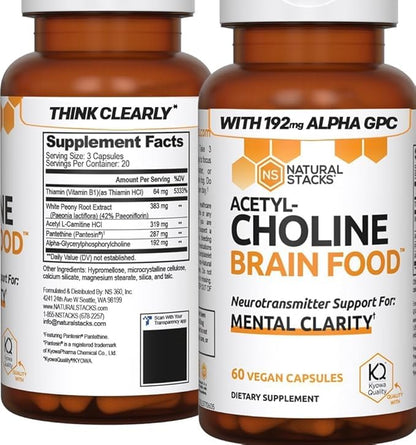 NATURAL STACKS Acetylcholine Alpha GPC 192 mg - 383 mg White Peony Root Extract + 287 mg Pantethine with Vitamin B1 and B5 - Supports Mental Clarity - 60 Acetylcholine Capsules