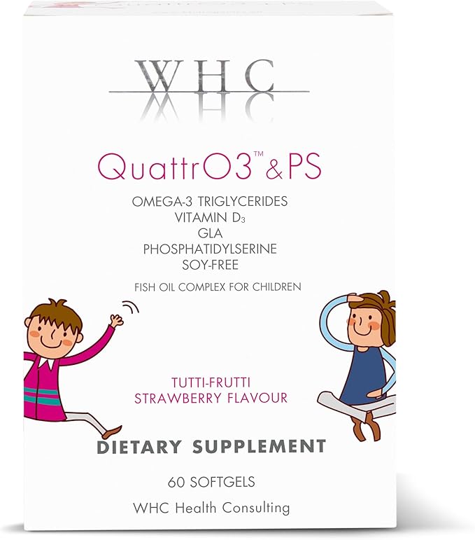 WHC, QuattrO3 & PS, Fish Oil Complex for Children (60 Softgels) - Omega-3 Triglycerides, Vitamin D3, GLA, Phosphatidylserine, Tutti-Frutti Strawberry