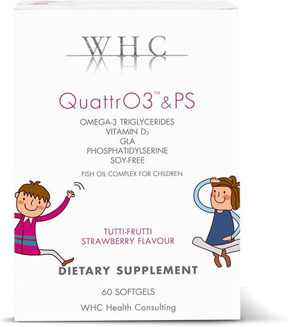 WHC, QuattrO3 & PS, Fish Oil Complex for Children (60 Softgels) - Omega-3 Triglycerides, Vitamin D3, GLA, Phosphatidylserine, Tutti-Frutti Strawberry