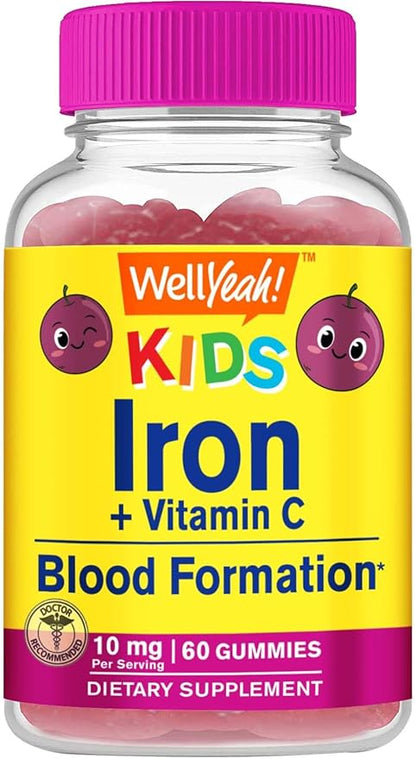 Iron Gummies for Kids with Vitamin C - Anemia Support, Red Blood Cell Formation, Energy, and Immunity Support Gummy, Iron Supplements for Kids - GMO Free, Natural Grape Flavor - 60 Count