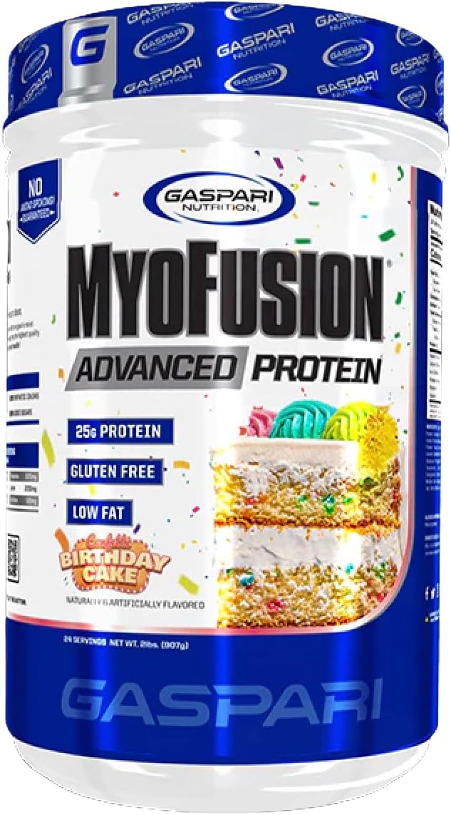 Gaspari Nutrition Myofusion Advanced Protein, Protein Blend with Whey Protein, Casein Protein and Isolate Protein, Low Fat and Gluten Free (Confetti Birthday Cake, 2 Pound)