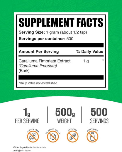 BulkSupplements.com Caralluma Fimbriata Extract Powder - Caralluma Fimbriata 1000mg, Caralluma Fimbriata Powder - Gluten Free, 1000mg per Serving, 500g (1.1 lbs) (Pack of 1)