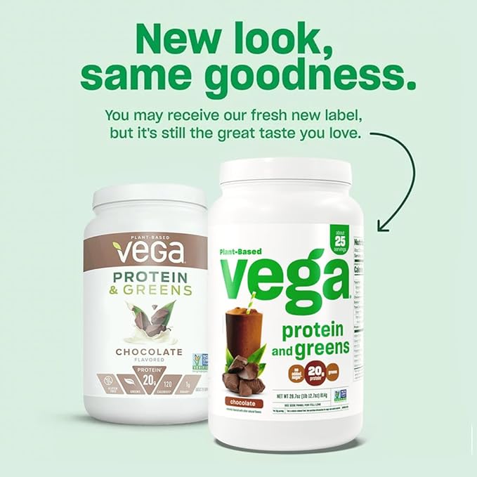 Vega Protein and Greens Protein Powder, Chocolate - 20g Plant Based Protein Plus Veggies, Vegan, Non GMO, Pea Protein for Women and Men, 1.2 lbs (Packaging May Vary)