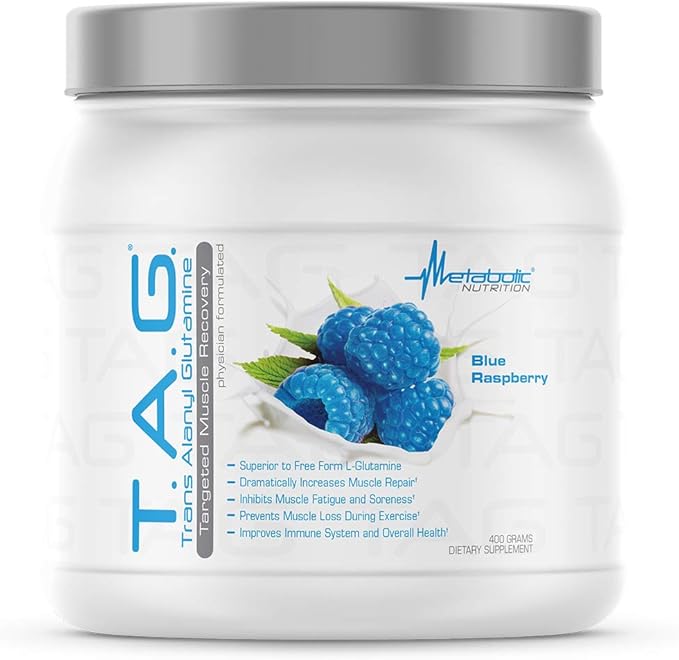 Metabolic Nutrition, TAG, Trans Alanyl Glutamine, 100% L-Glutamine Peptide Powder, Pre Intra Post Workout Supplement, 400 Grams (40 Servings) (Blue Raspberry)