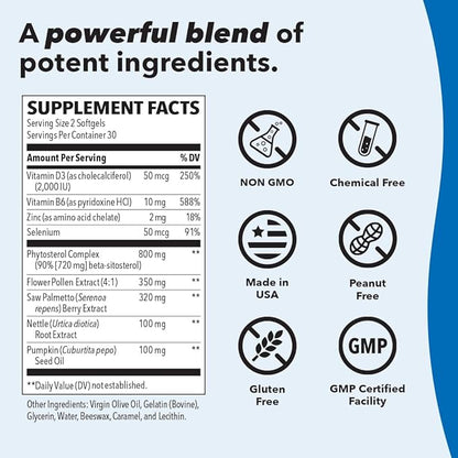 Pros-T - Prostate Support Supplement - Saw Palmetto, Phytosterol, Zinc, Nettle, Vitamin D-3 & B6 - Promote Healthy Prostate Function & Normal Urinary Flow - Improve Tissue Integrity - 60 Softgels