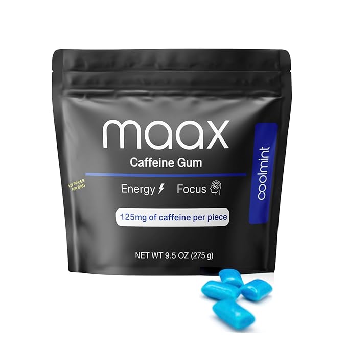 Maax Caffeine Energy Gum | 125mg of caffeine per piece | Coolmint | 125 total pieces per bag | Focus Supplement