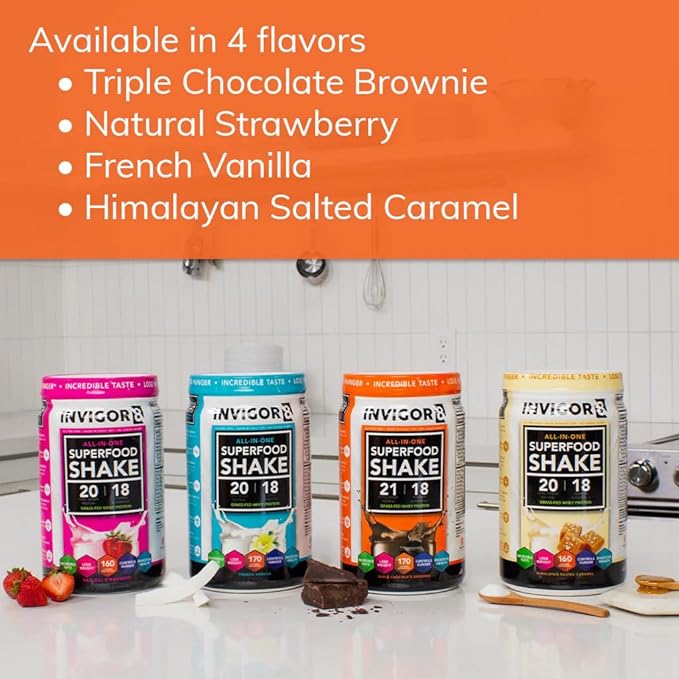 INVIGOR8 Superfood Grass Fed Whey Protein Isolate Shake Himalayan Salted Caramel Gluten-Free and Non GMO Meal Replacement with Probiotics and Omega 3 (645g)
