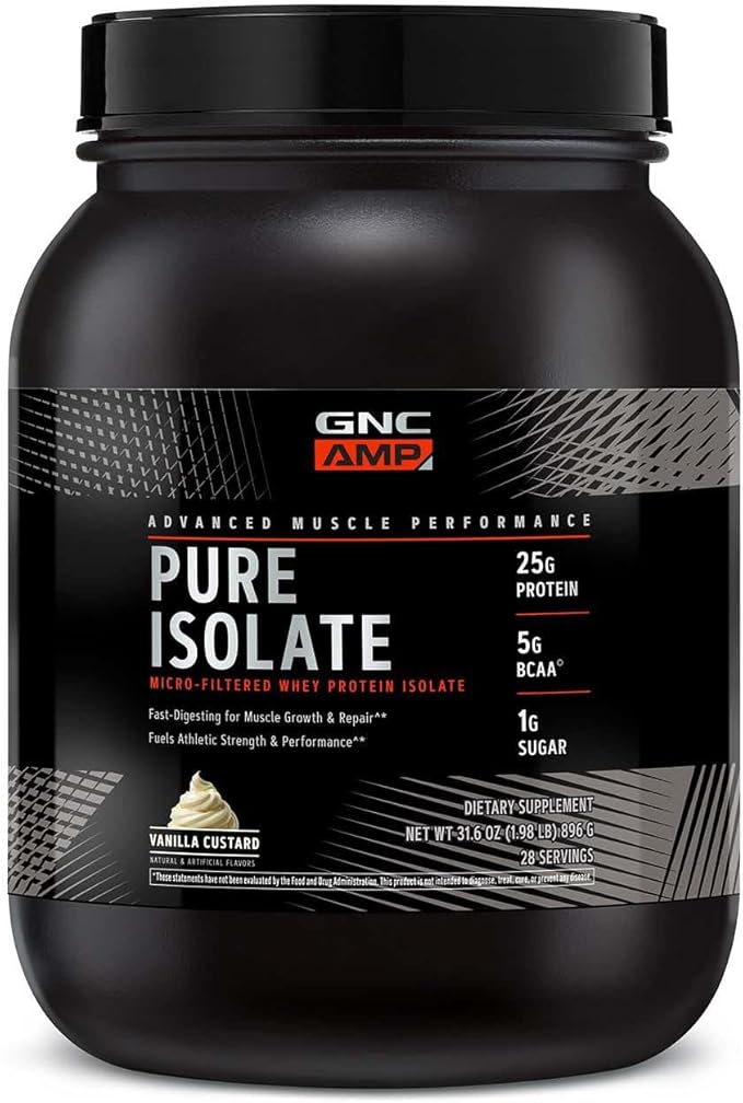 GNC AMP Pure Isolate Protein Powder| 25g Whey Protein Isolate with 5g BCAA | Fuels Athletic Strength, Performance, and Muscle Growth | Vanilla Custard | 28 Servings