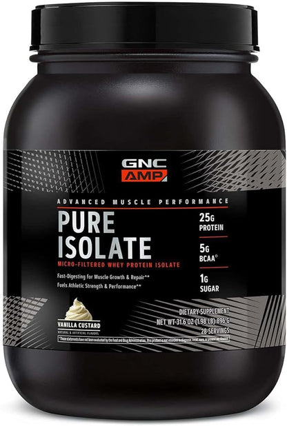 GNC AMP Pure Isolate Protein Powder| 25g Whey Protein Isolate with 5g BCAA | Fuels Athletic Strength, Performance, and Muscle Growth | Vanilla Custard | 28 Servings