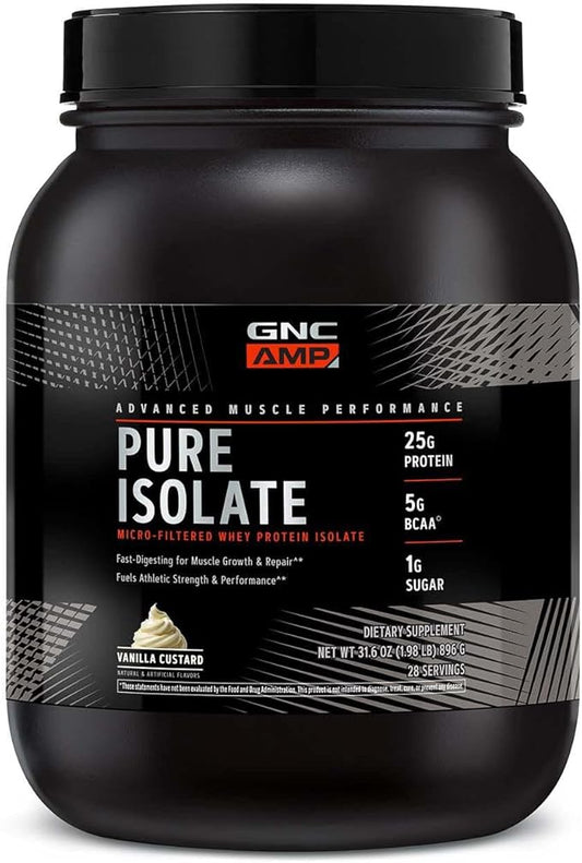 GNC AMP Pure Isolate Protein Powder| 25g Whey Protein Isolate with 5g BCAA | Fuels Athletic Strength, Performance, and Muscle Growth | Vanilla Custard | 28 Servings