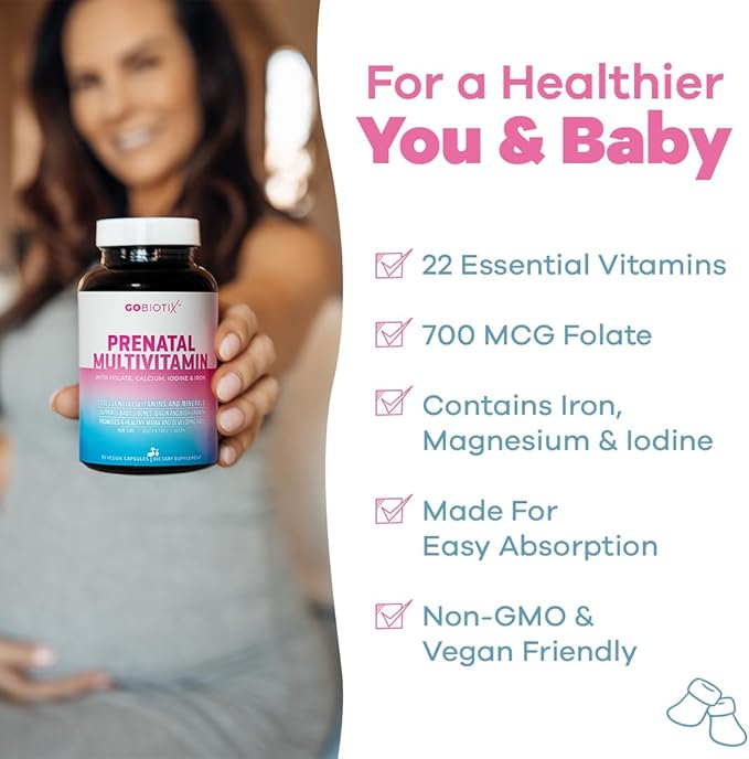 GOBIOTIX Prenatal Vitamins for Women | Vitamins with Iron, Calcium, Vitamin D2, C, Zinc & Folic Acid for Pregnant Women | Pre & Post Pregnancy - Once Daily Multivitamin Capsules, Non-GMO