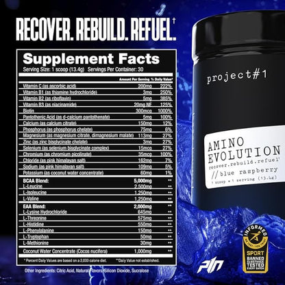 Project #1 AminoEVolution: Muscle Support & Recovery | BCAA's, EAA's, Electrolytes Powder | Keto-Friendly Energy Boost | Pre Workout for Men & Women | 30 Servings - Blue Raspberry | Amino Acids