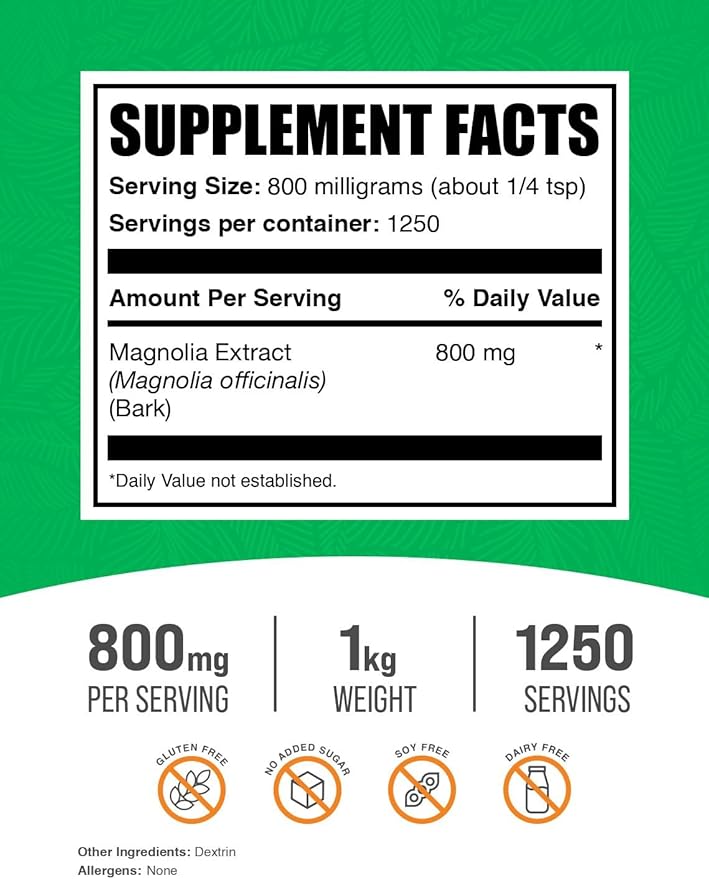 BulkSupplements.com Magnolia Bark Extract Powder - Magnolia Officinalis, Magnolia Bark Supplement, Magnolia Extract - Gluten Free, 800mg per Serving, 1kg (2.2 lbs) (Pack of 1)