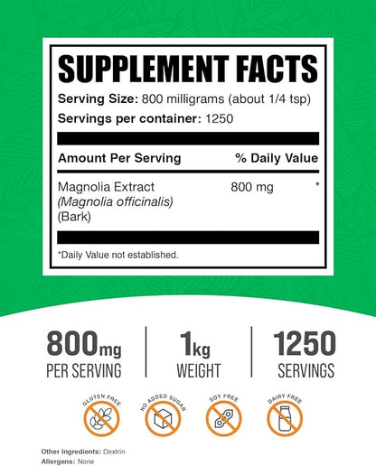 BulkSupplements.com Magnolia Bark Extract Powder - Magnolia Officinalis, Magnolia Bark Supplement, Magnolia Extract - Gluten Free, 800mg per Serving, 1kg (2.2 lbs) (Pack of 1)