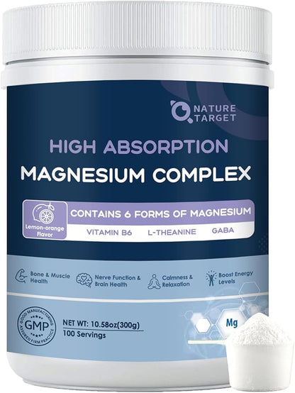 Magnesium Powder Supplement with Glycinate, Citrate, Malate, Magnesium Complex with L-Theanine & Vitamin B6 for Muscle, Heart & Brain, Vegan, Non GMO, 10.58 oz (100 Servings), Lemon Orange Flavor