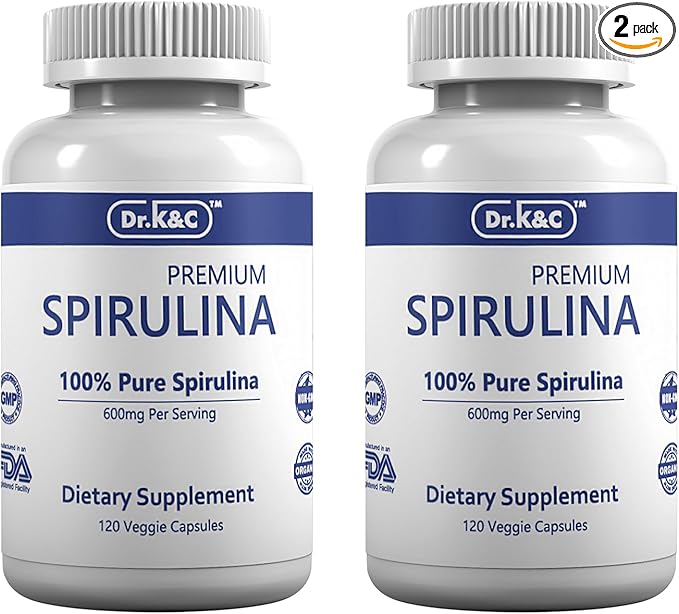 Dr.K&C Organic Spirulina Superfood Supplement – Pure Natural Blue Green Microalgae 600 mg 240 Veggie Capsules Health Immune System Antioxidants Protein Fiber No Filler Non GMO Vegan 2pk