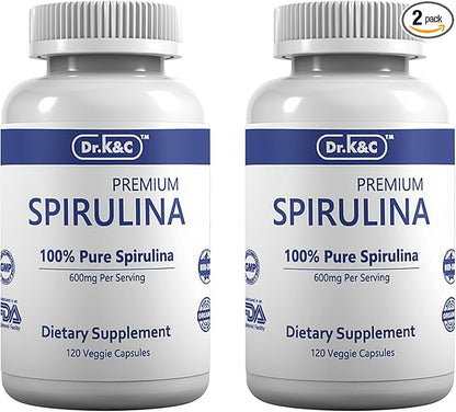 Dr.K&C Organic Spirulina Superfood Supplement – Pure Natural Blue Green Microalgae 600 mg 240 Veggie Capsules Health Immune System Antioxidants Protein Fiber No Filler Non GMO Vegan 2pk